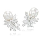 Pair of cultured pearl and diamond ear clips