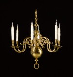 An Anglo-Dutch brass six-light chandelier, 20th century