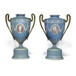 A PAIR OF WEDGWOOD THREE-COLOR JASPERWARE GILT-METAL-MOUNTED VASES AND COVERS CIRCA 1860 