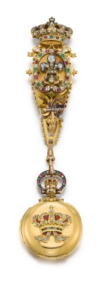 SWISS | RETAILED BY E. MANSBERGER, MADRID: A LADY'S GOLD, DIAMOND, RUBY AND EMERALD-SET HUNTING CASED MINUTE REPEATING KEYLESS LEVER WATCH WITH ENGRAVED PORTRAIT MADE FOR THE SPANISH CROWN  CIRCA 1885, NO. 106508