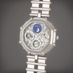 Octagonal, Reference G2539.4 | A white gold semi-skeletonised perpetual calendar wristwatch with day, date, lapis lazuli moon phases and leap year indication | Circa 1995