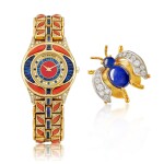Mauboussin and Tiffany & Co. | Coral, Sapphire and Diamond Wristwatch; and Sapphire and Diamond Brooch | 夢寶星 及 蒂芙尼 | 珊瑚, 藍寶石 配 鑽石 腕錶; 及 藍寶石 配 鑽石 胸針