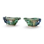 A PAIR OF CHINESE FAMILLE-VERTE 'CHILONG' LIBATION CUPS QING DYNASTY, KANGXI PERIOD | 清康熙 五彩饕餮貼螭龍紋盃一對 