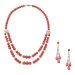 CORAL, SEED PEARL AND DIAMOND NECKLACE AND PAIR OF EARRINGS