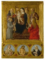 ANDREA DI NICCOLÒ | MADONNA AND CHILD SURROUNDED BY SAINTS ANTHONY ABBOT, FRANCIS, JEROME, AND MARY MAGDALENE, WITH CHRIST AS THE MAN OF SORROWS, SAINT CATHERINE, AND ANOTHER FEMALE SAINT (IRENE?) IN ROUNDELS BELOW