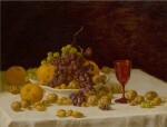 JOHN F. FRANCIS | AN ARRANGEMENT OF ORANGES, WALNUTS, ALMONDS, RAISINS, AND GRAPES ON A TABLETOP