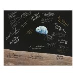 [APOLLO 8]. EARTHRISE. LARGE COLOR PHOTOGRAPH SIGNED AND INSCRIBED BY 21 ASTRONAUTS
