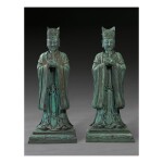 AN EXTREMELY RARE AND LARGE PAIR OF BRONZE FIGURES OF DAOIST OFFICIALS, MING DYNASTY, 16TH / 17TH CENTURY