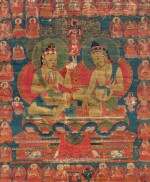 A rare thangka depicting Mahasiddha Damarupa and Avadhutipa, Tibet, 16th century | 西藏 十六世紀 大成就者札瑪如巴及阿瓦度帝巴唐卡 設色布本