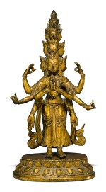 A gilt copper alloy figure of Ekadashamukha Lokeshvara, Qing dynasty, 18th century