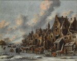 A frozen canal beside the walls of a city, with figures skating and in horse-drawn sleighs