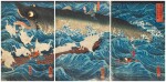 Utagawa Kuniyoshi (1797-1861) | The Former Emperor [Sutoku] from Sanuki Sends His Retainers to Rescue Tametomo (Sanuki no in kenzoku o shite Tametomo o sukuu zu) | Edo period, 19th century
