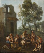 A landscape with peasants sitting and drinking by a ruined house