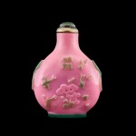 An inscribed green overlay pink glass 'fish pond' snuff bottle, Yangzhou school, Qing dynasty, 19th century | 清十九世紀 揚州作粉紅地套綠料漁藻圖鼻煙壺