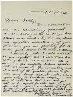 Roosevelt, Theodore. Autograph letter signed to his nephew Theodore Robinson, Sagamore Hill, [New York], 30 Oct 1916