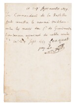 Billet autogr. signé et paraphé d'une autre main. 24 sept. 1659. 1/2 p. in-8. Ordre de sortie d'un gazetier embastillé.