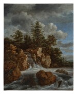 A wooded landscape with a waterfall