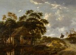 Landscape with a cottage by a river and a woman scouring a pot, a gentleman on horseback on a path