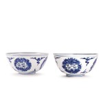 A pair of blue and white 'floral' bowls Marks and period of Jiajing | 明嘉靖 青花團花紋盌一對 《大明嘉靖年製》款