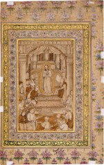 Christ nimbed in glory surrounded by disciples in a classical interior, India, Mughal or Deccan, mid-17th century; on a double-sided album page with calligraphy on the verso by the royal calligrapher Muhammad Husayn Zarin Qalam, Mughal, circa 1580-1600