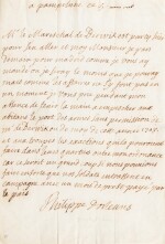 Lettre autographe signée à M. d'Avaray. Pampelune 5 mars 1708.