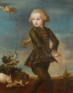Portrait of a boy of the Gradenigo family, possibly Ferigo (b. 1758), full-length, with his pet dove on a ribbon, a white rabbit in the background