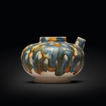A blue- and sancai-splashed pottery globular ewer, Tang dynasty | 唐 三彩加藍壺