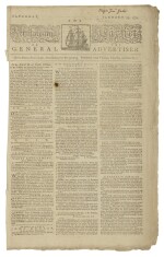 GATES, HORATIO | Horatio Gates's own copy of The Pennsylvania Packet or The General Advertiser, no Vol. or issue number. Philadelphia; Printed and Sold by John Dunlap, Saturday, January 23, 1779