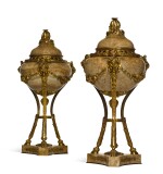 A PAIR OF LOUIS XVI STYLE GILT-BRONZE MOUNTED ALABASTER TRIPOD VASES, LATE 19TH CENTURY