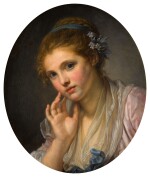 Portrait of a girl, bust-length, wearing a pink dress, diaphanous shawl and blue ribbon with flowers in her hair