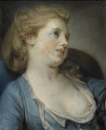 JEAN-BAPTISTE GREUZE | A GIRL IN A BLUE DRESS, BUST-LENGTH AND LEANING BACK ON A CHAIR