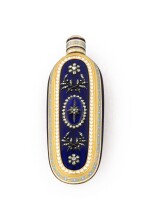 A gold-mounted blue and white enamel scent bottle, in the manner of James Morriset, English, circa 1780,