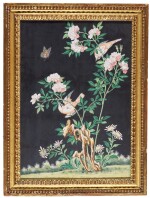 A Chinese Export painting of finches and a butterfly on a rose bush, 19th century
