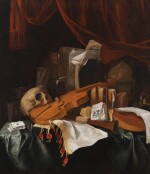 Vanitas still life with a skull, a violin, a cittern, playing cards, books, a globe and other objects on a draped table