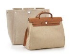 Beige coated canvas and leather tote with palladium hardware, 2 in 1 Herbag, Hermès, 1998
