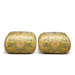 A pair of yellow-ground embroidered silk 'lotus' square cushions, Qing dynasty, 18th / 19th century | 清十八 / 十九世紀 黃地繡纏枝蓮紋迎手一對