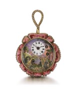 'THE ROSE'  PIGUET & MEYLAN | AN EXCEPTIONAL GOLD AND ENAMEL ROSE-FORM TWO-TRAIN MUSICAL AUTOMATON WATCH WITH CENTRE SECONDS, PLAYING ON THE HOUR AND ON REQUEST, MADE FOR THE CHINESE MARKET  CIRCA 1820, NO. 3568