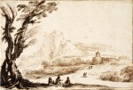 An extensive landscape with a large tree to the left, fortified buildings and a bridge to the right along a road with travelers, three figures resting in the foreground