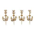 A SET OF FOUR GEORGE III STYLE GILT COMPOSITION TWO-LIGHT WALL LIGHTS, LATE 19TH CENTURY
