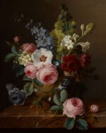 Still life of flowers in a vase on a marble ledge, including roses, hibiscus, bellflowers, hollyhocks, and anenomes