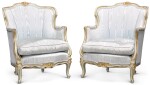 A PAIR OF FRENCH BLUE PAINTED AND PARCEL-GILT BERGÈRES, LOUIS XV STYLE, 19TH CENTURY