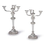 A PAIR OF GEORGE IV SILVER FOUR-LIGHT CANDELABRA, BENJAMIN SMITH, LONDON, 1825-26