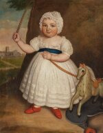 Portrait of a young girl in a white dress and ruffled bonnet, with a hobby horse and whip