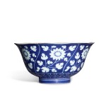 A powder-blue-ground 'floral' bowl, Mark and period of Yongzheng | 清雍正 灑藍地留白菊紋葵花式盌 《大清雍正年製》款