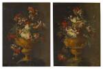 A pair of floral still lifes in gilt vases: one of summer flowers, including pink roses; the other of narcissi and a lily 