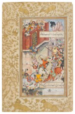 An illustration from the 'First' Baburnama of 1589, mounted on a leaf from the Farhang-i Jahangiri of 1608: Babur attempts to defend Akhsi, India, Mughal, late 16th-early 17th century