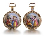 EDOUARD JUVET, FLEURIER | A MATCHED PAIR OF FINE GOLD AND ENAMEL OPEN-FACED WATCHES MADE FOR THE CHINESE MARKET, CIRCA 1865, NO. 41981 AND 42308