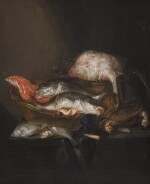 ABRAHAM HENDRICKSZ. VAN BEYEREN | STILL LIFE WITH A RAY ON A BARREL, A SALMON STEAK, A PIKE PERCH AND A COALFISH IN A BASKET, WITH FLOUNDERS, A KNIFE AND A CRAB ON A DRAPED TABLE