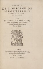 Recueil de l'origine de la langue et poésie françoise. Paris, 1581. In-4. Rel. de Thibaron. Ed. originale.