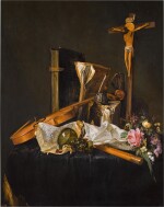 Vanitas still life with a violin, a flute, a roemer, a crucifix, an inkwell, books, manuscripts and a wreath of flowers, on a dark cloth with a gold fringe